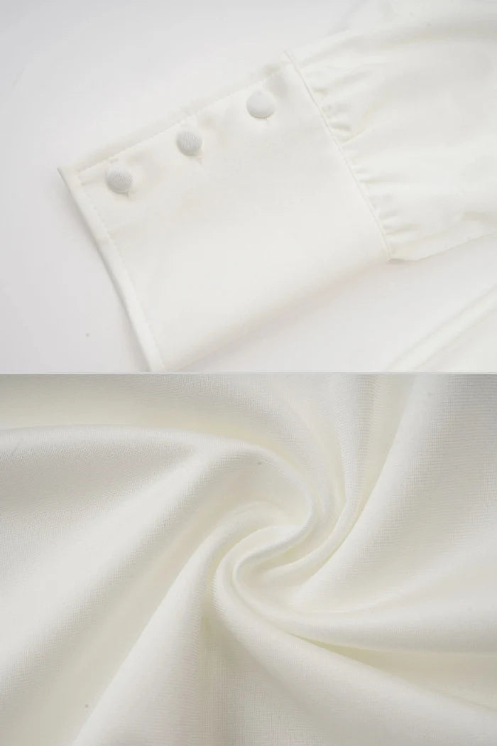 Elegant High-Collar Dress With Draped Details And Side Rose Embellishment - Ivoire