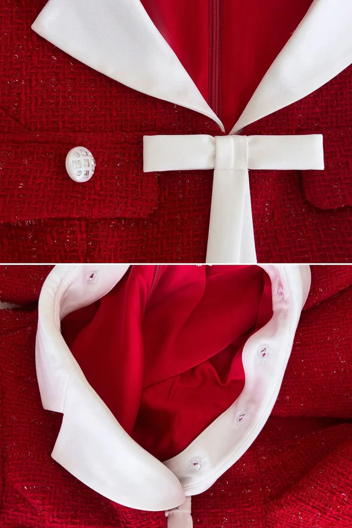 Tweed Fit-and-Flare Dress With Contrast Collar and Bow Detail – Red