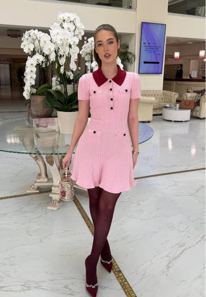 Ribbed Short Sleeve Mini Dress With Contrast Collar And Button Front Detail - Blush Pink