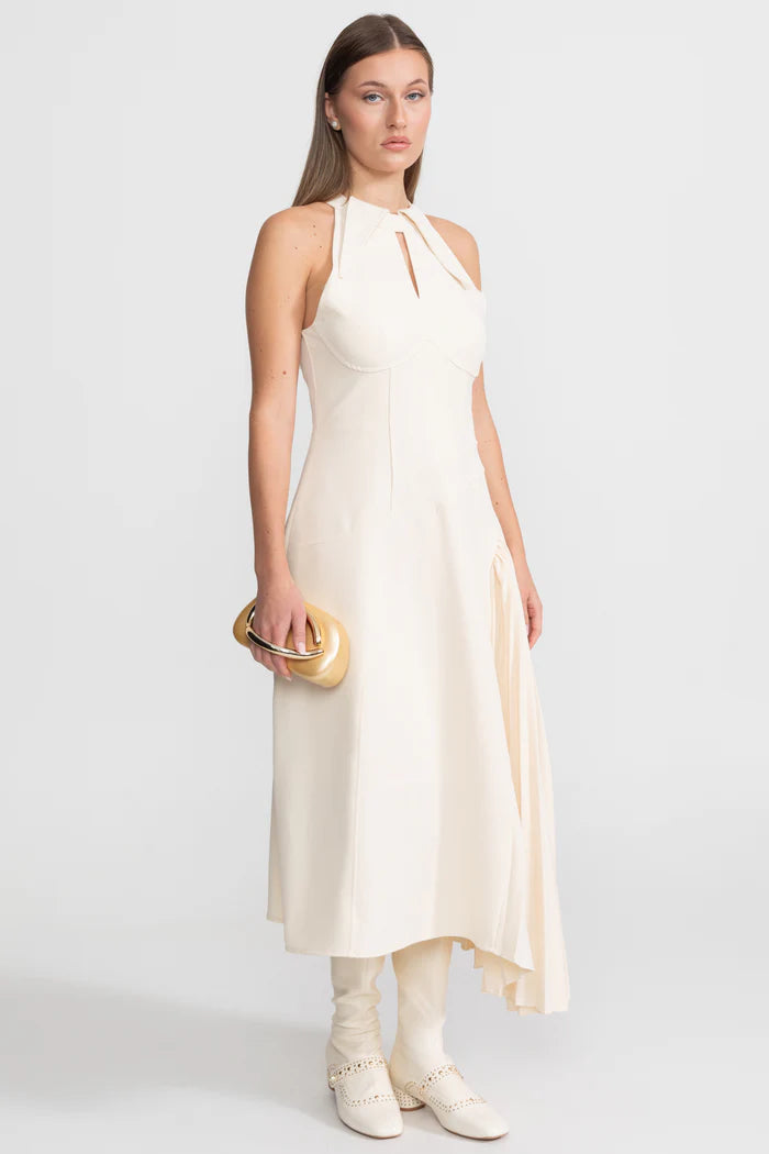 Pleated Halter Midi Dress With Keyhole Detail - Ivoire
