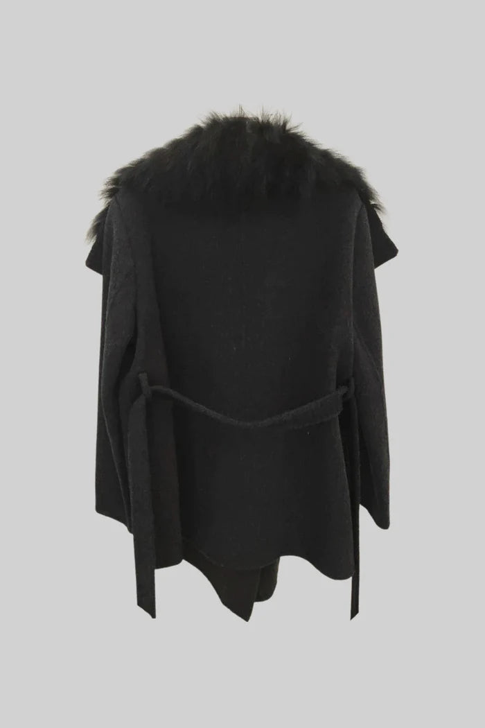 Wool Coat with Oversized Fur Collar And Belt - Black