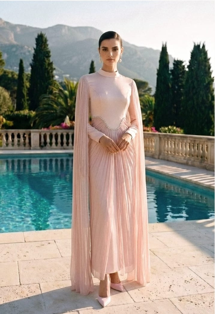 Long Sleeve Maxi Dress with Draped Overlay and Crystal Belt - Blush Pink