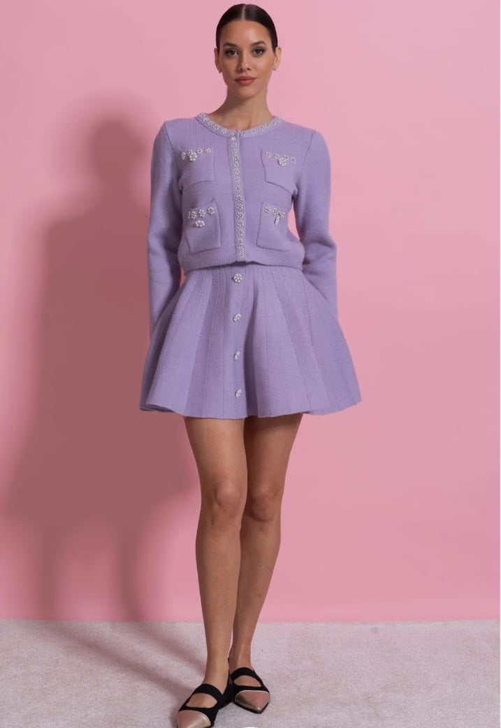 Knit Co-Ord Set With Long Sleeve Cardigan And Matching Mini Skirt - Lilac