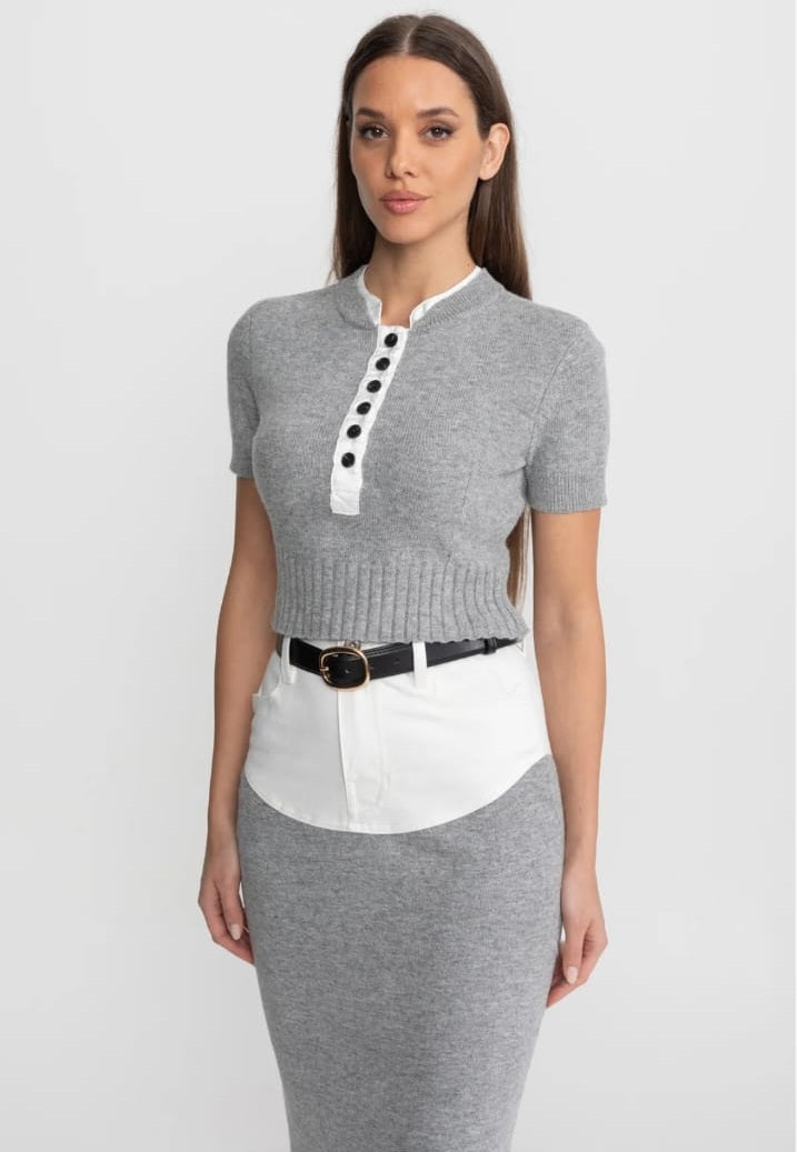 Knit Co-Ord Set with Contrast Shirt Insert Detail – Grey