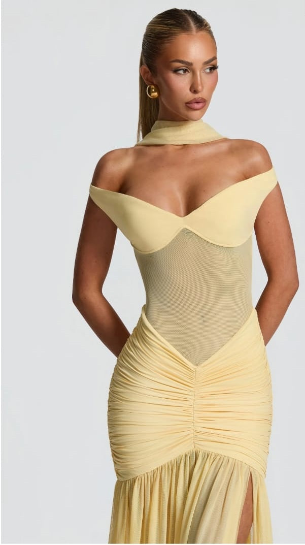 Geneviève Yellow Off Shoulder Ruched Maxi Dress