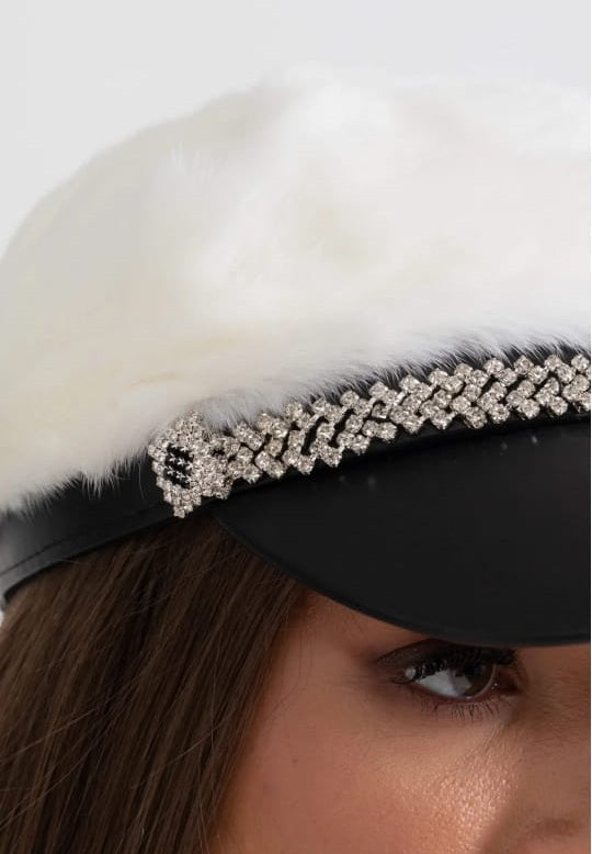 Mink Fur Hat With Leather Visor - White