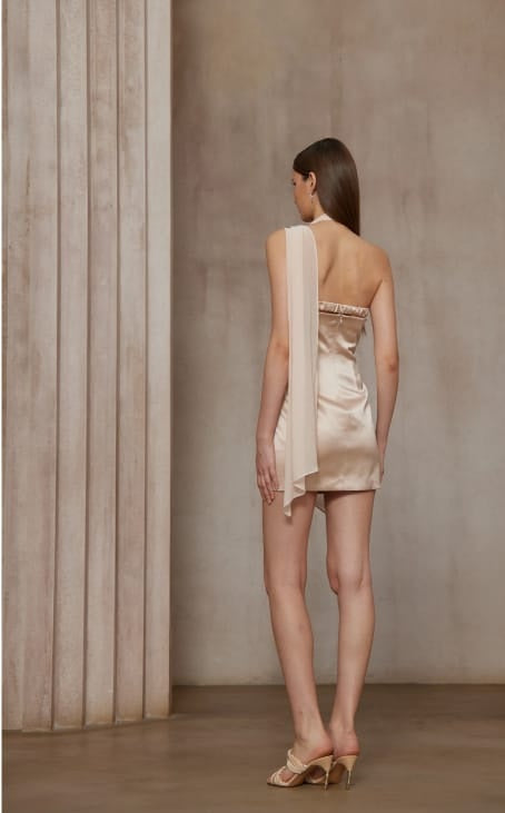 Amber Light Pink Asymmetrical Draped Chiffon Mini Dress