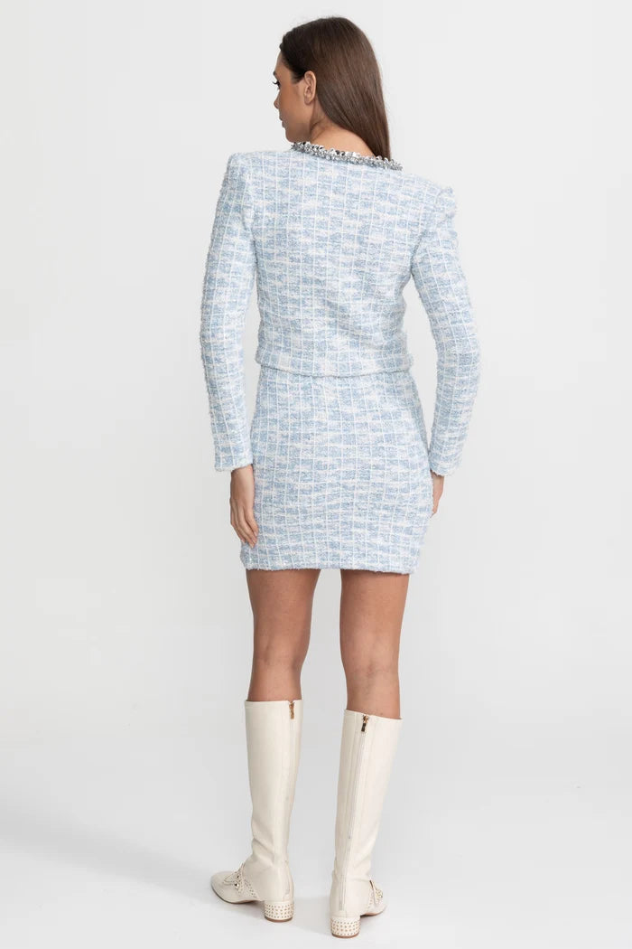 Embellished Tweed Co-Ord Set with Crystal Trim – Light Blue