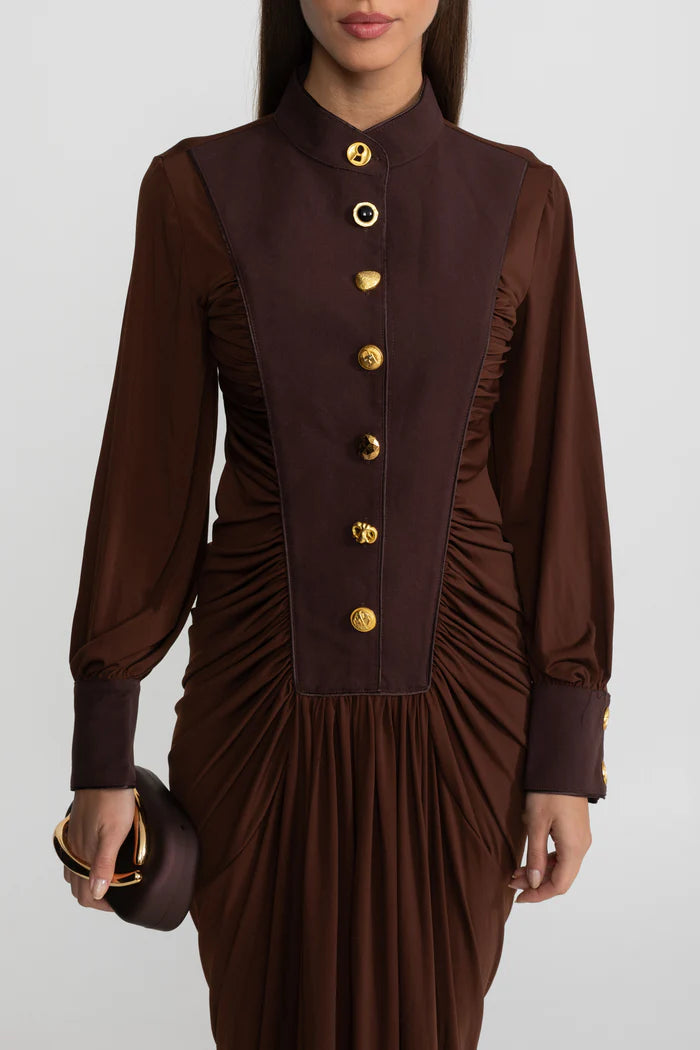 Draped Maxi Dress with Gold Statement Buttons - Brown