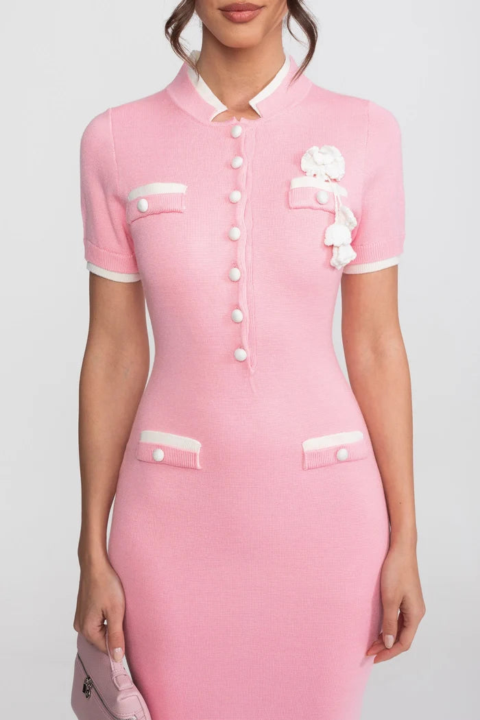 Ribbed Knit Midi Dress With Contrast Trim And Decorative Pockets - Pink