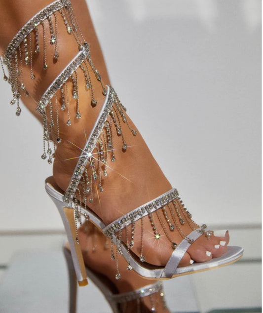 MARIAH EMBELLISHED AROUND THE ANKLE COIL HEELS - SILVER