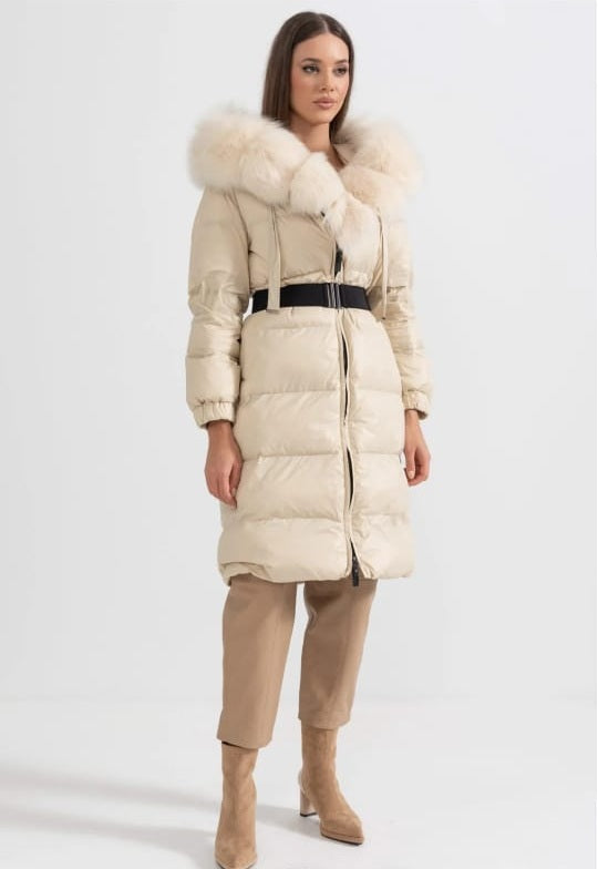 Long Puffer Jacket With White Fox Fur-Lined Hood -Beige