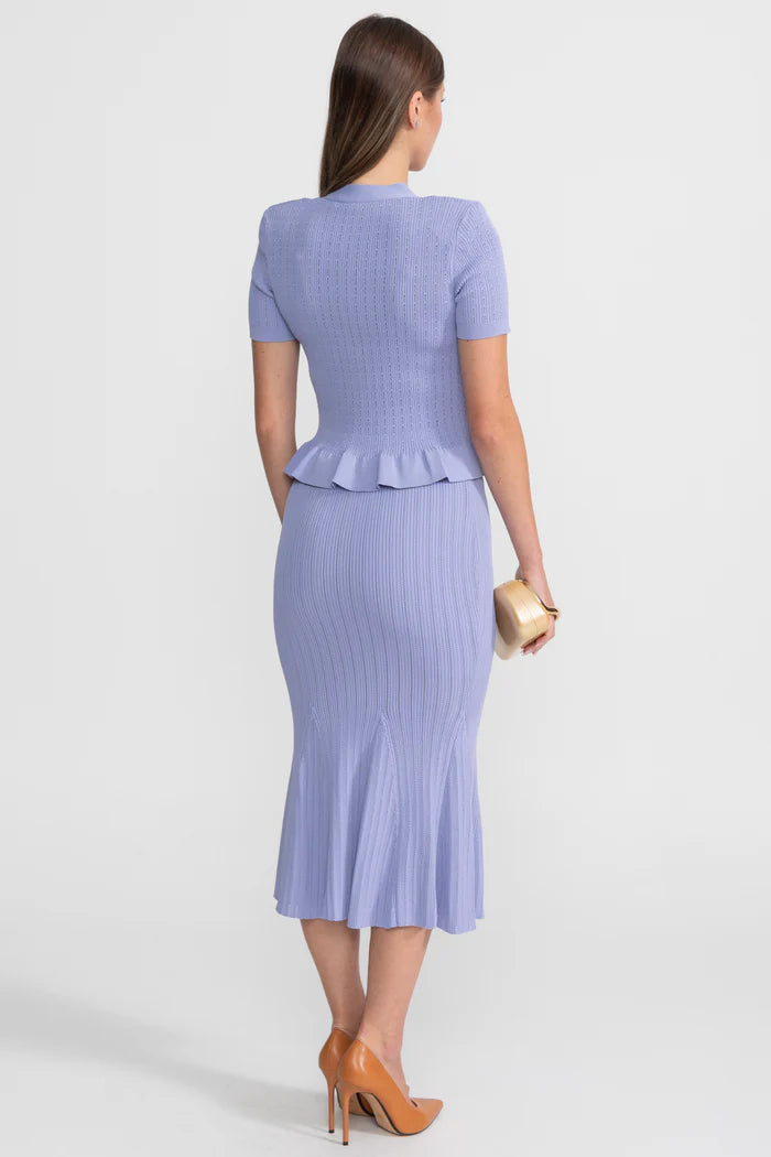 Knit Midi Co-Ord with Peplum Waist and Gold Buttons – Lilac