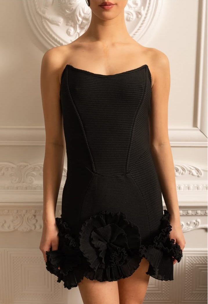 Strukturiertes Mini -Kleid mit strukturiertem blumigen Rüschensaum und montiertem Mieder - schwarz