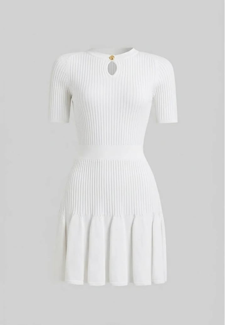 Ribbed Knit Mini Dress with Gold Button Key Neckline - White