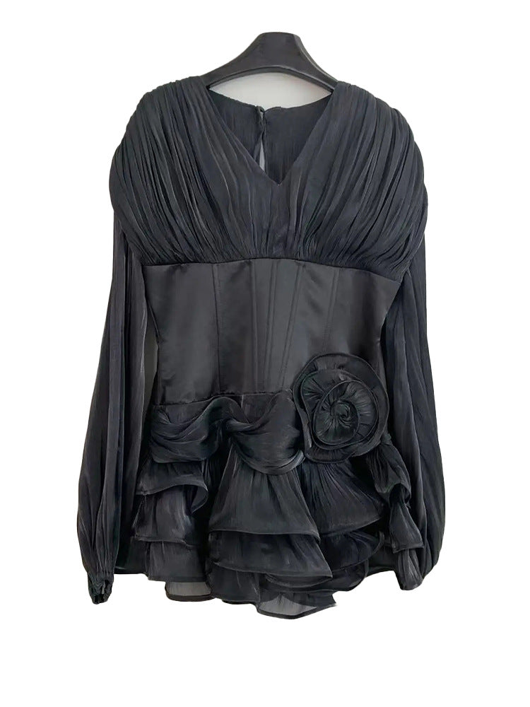 Puff sleeve three-dimensional flower dress