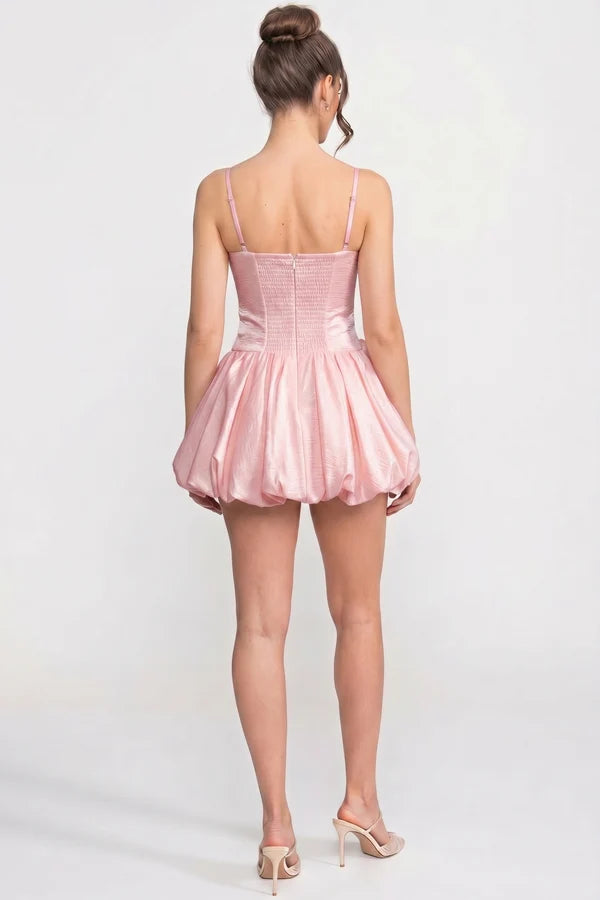 Spaghetti-Strap Velvet Mini Dress With 3D Rose Skirt - Pink