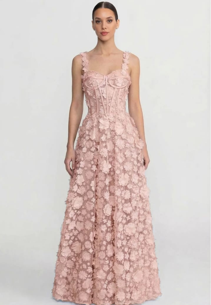 Long dress with floral appliqués with corseted bustier - Pink