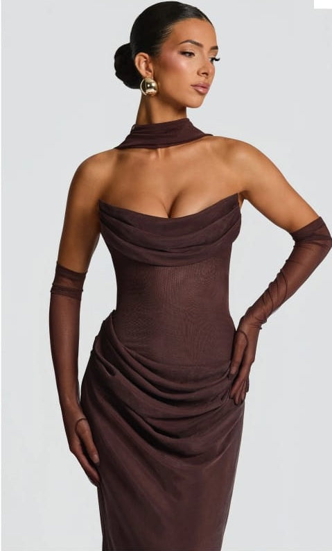 Vedette Brown Ruched Corset Maxi Dress