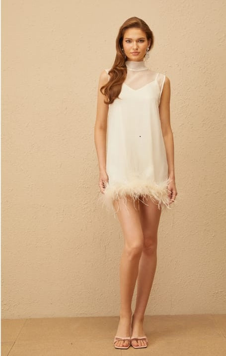 Adrienne White Feather Trim Mini Dress