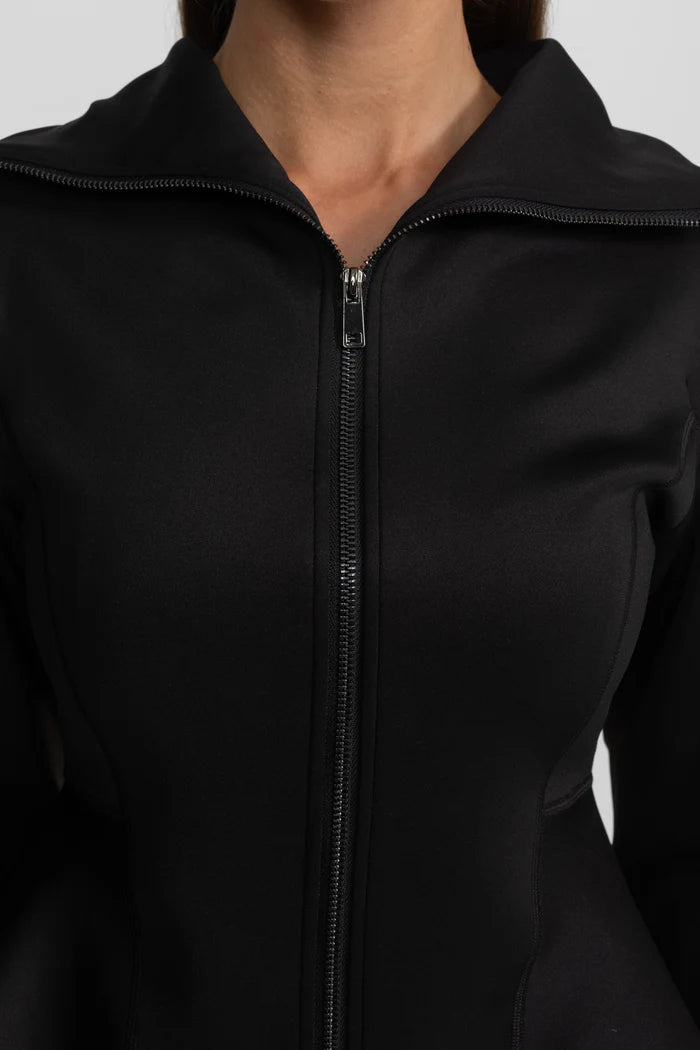 Structured Zip-Up Jacket With Sculpted Seams And High Collar - Black