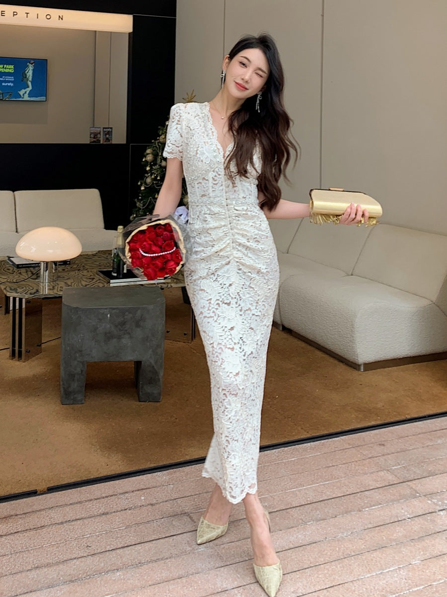 V-Ausschnitt Kurzarm Kleid Premium-Spitze Langer Rock