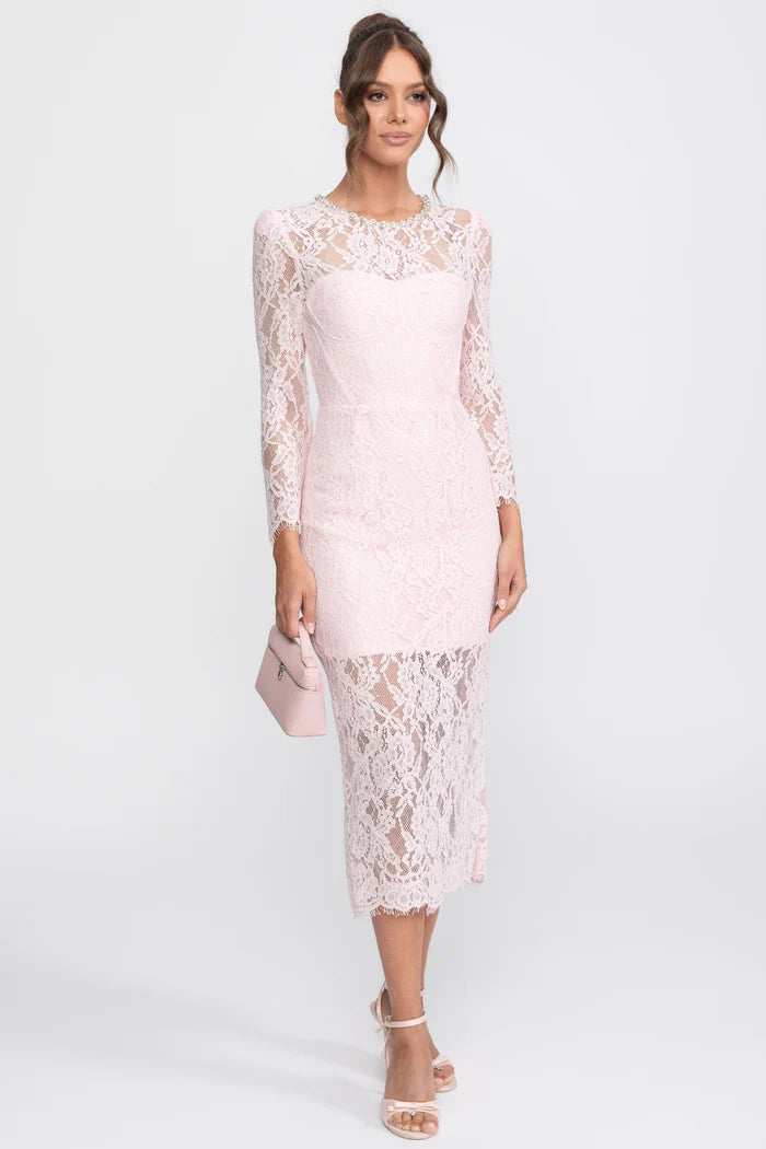Lace Trim Midi Dress With Crystal Neckline And Matching Belt - Pink