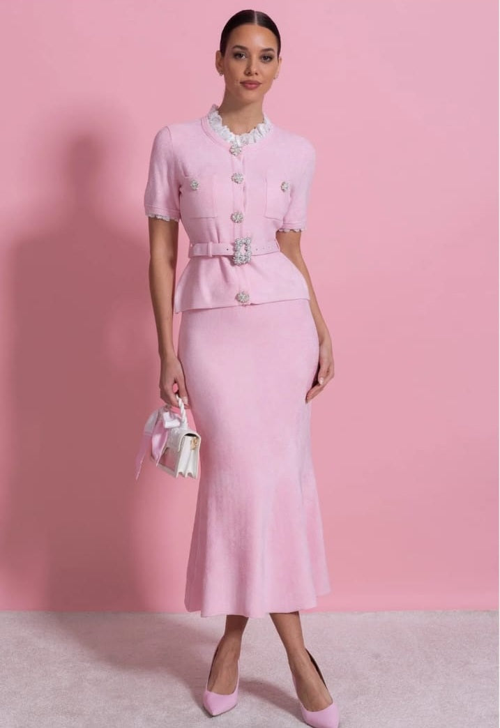 Short Sleeve Co-Ord With Peplum Waist And Crystal Button Belt - Blush Pink