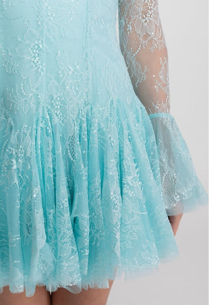 Sheer Lace Long Sleeve Mini Dress With Ruffled Hem - Teal