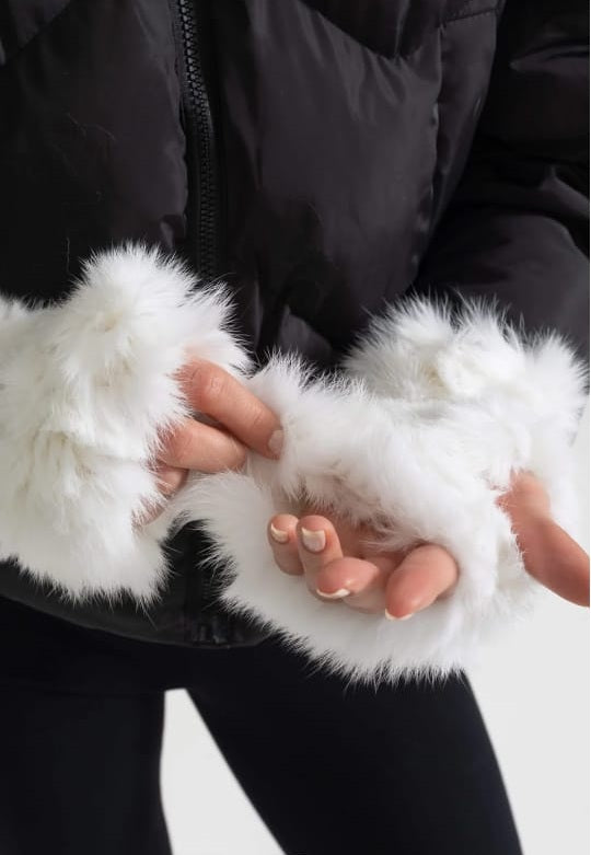 Rabbit Fur Fingerless Gloves - White