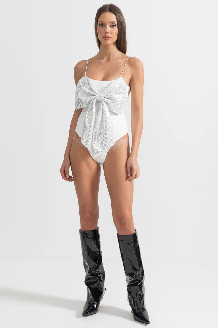 Bodysuit With Large Front Sequin Bow - White