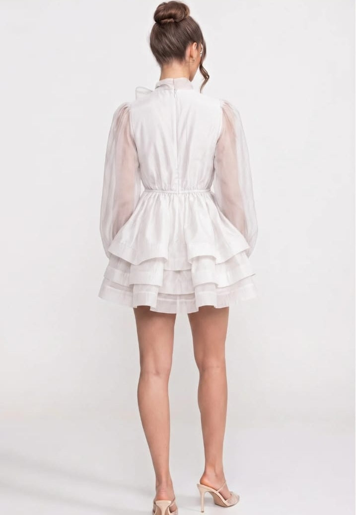 High Neck Puff Sleeve Mini Dress with Layered Ruffle Skirt and Bow - White