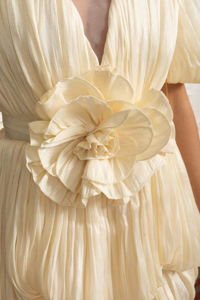 Pleated Puff-Sleeve Floral Appliqué Mini Dress - Ivoire