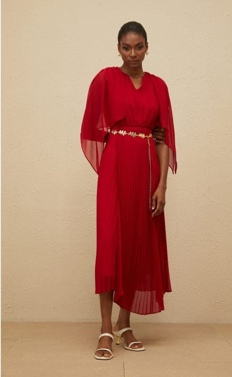 Émilie Red Pleated Maxi Dress with Cape Detail