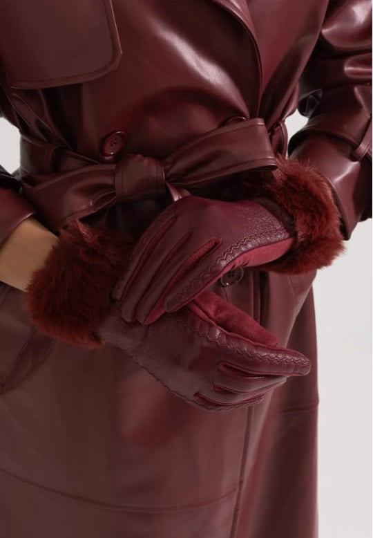Vegan Leather Gloves With Fur Cuffs - Burgundy