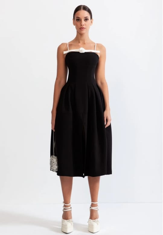 Flower Detail Mid-Calf Dress - Black