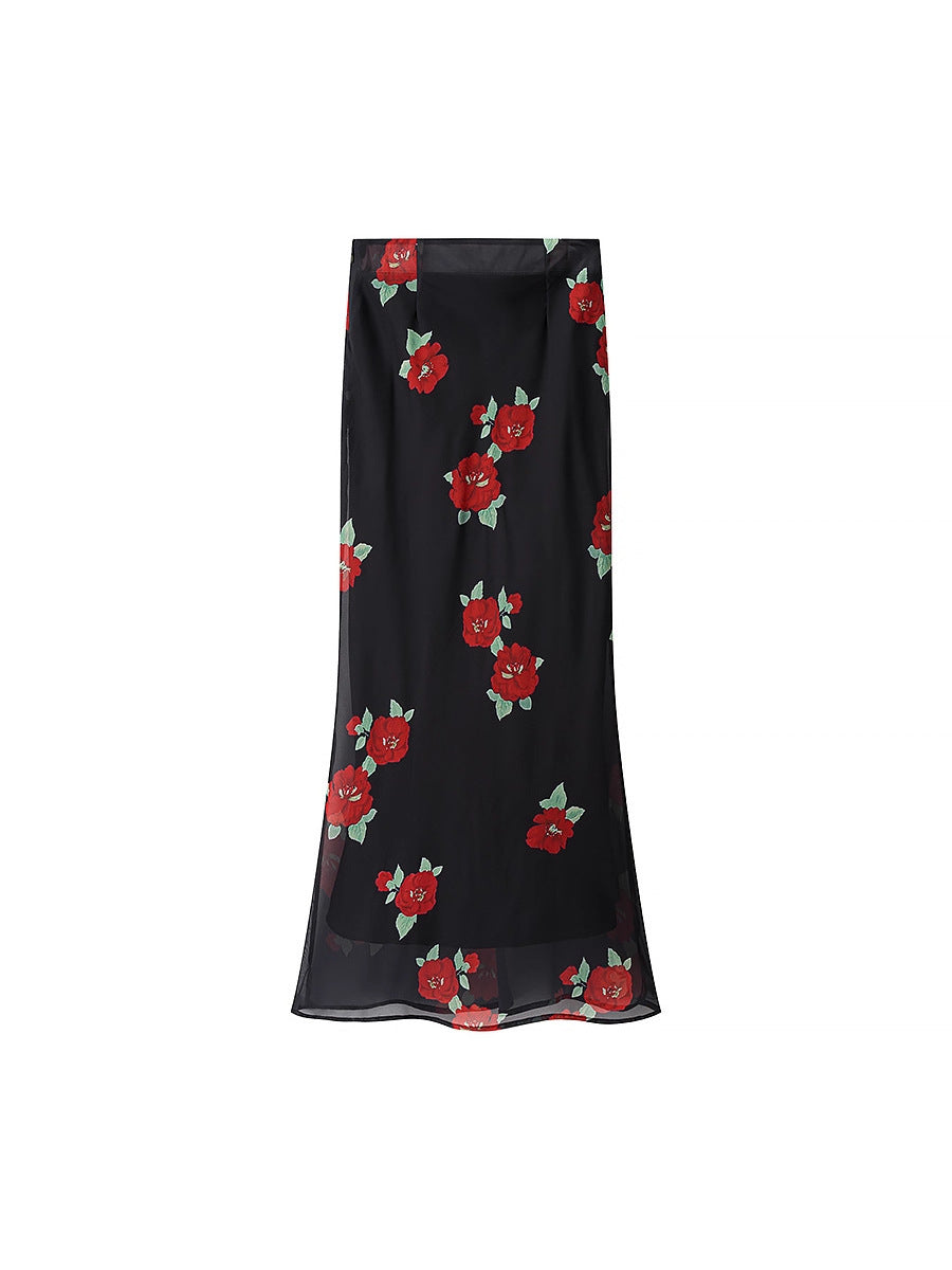 Flower Print Layered Decorative Skirt Suit