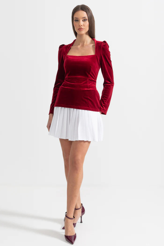 Two-Piece Velvet Ensemble With Contrasting Pleated Skirt - Red