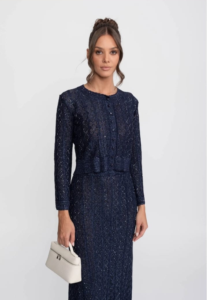 Long-Sleeve Diamond-Pattern Lace Co-Ord Set With Maxi Skirt - Navy