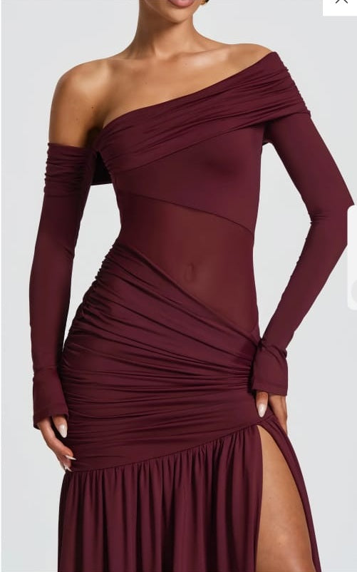 Anastasia Burgundy One Shoulder Gathered Maxi Dress