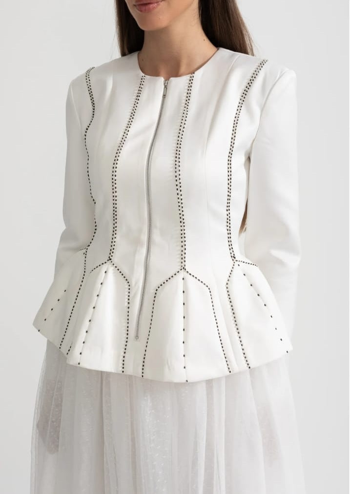Peplum Jacket and Sheer Tulle Skirt Co-Ord Set with Structured Seams - White