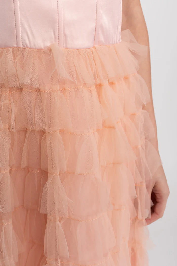 Satin Bow Strap Maxi Dress With Tiered Tulle Skirt - Blush Pink