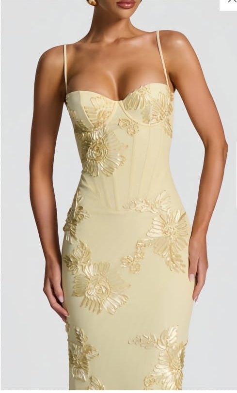 Théoline Yellow Floral Jacquard Corset Maxi Dress