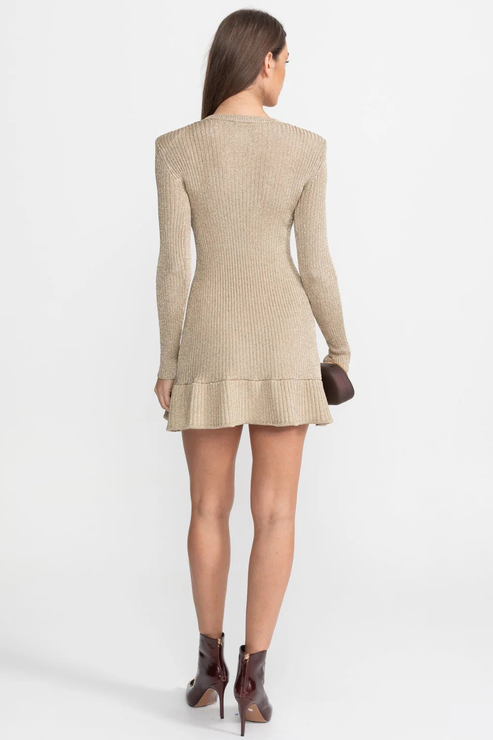 Ribbed Knit Mini Dress with Gold Button Front – Champagne