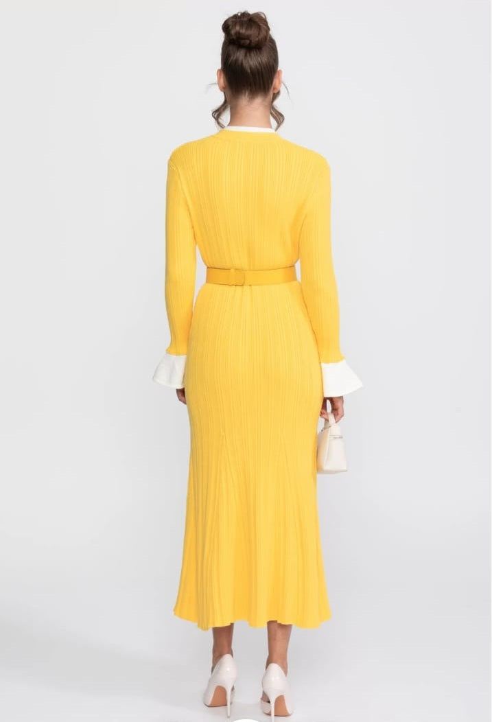 Ribbed Knit Belted Midi Dress With White Cuffs And Collar - Yellow