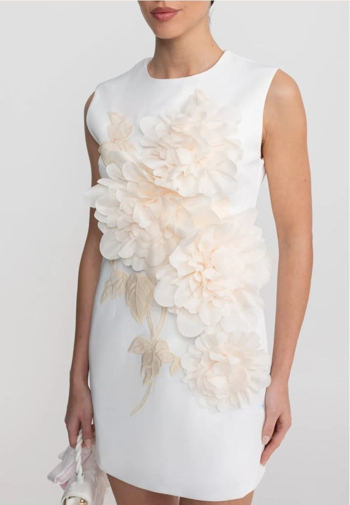 Sleeveless Mini Dress With Round Neckline And 3D Floral Appliqué - White