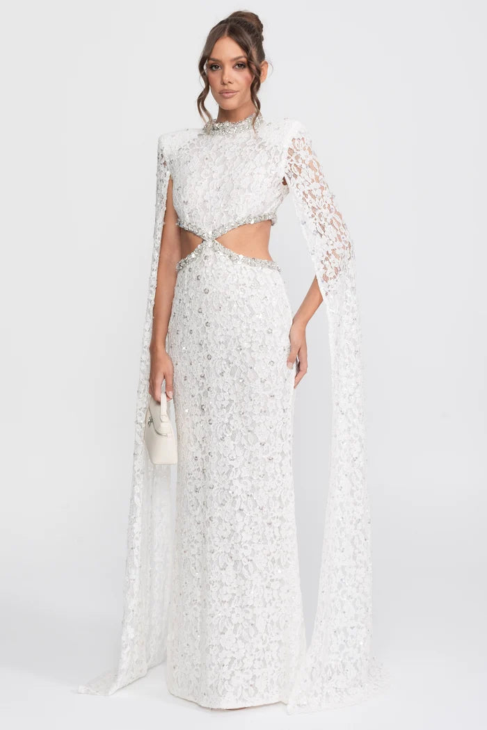 Crystal Cutout Lace Gown With Sequin Embellishments - White