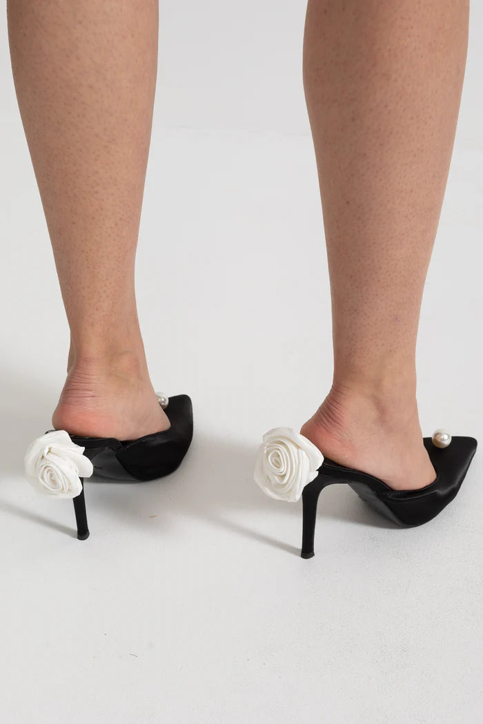 Satin Slingback Heels with Pearl and Organza Flower Detail - Black