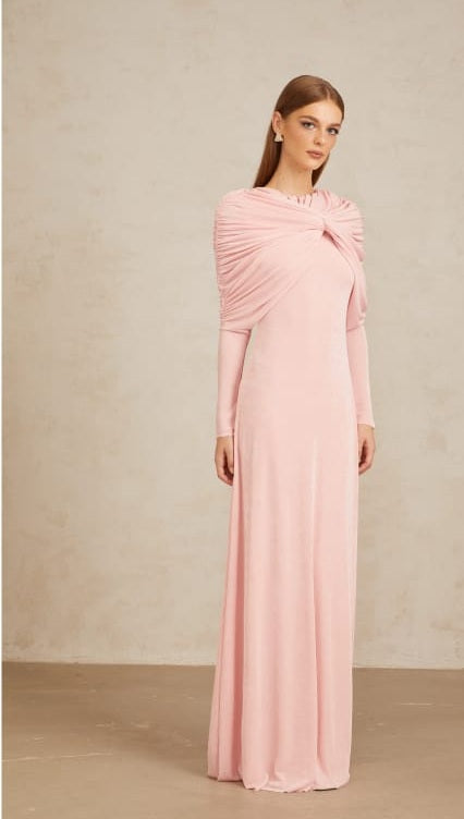 Moderne Pink Shawl Panel Ruched Maxi Dress