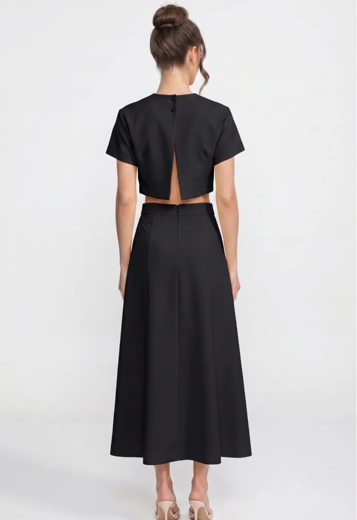 Short-Sleeve Floral-Print Co-Ord Set With Crop Top And Maxi Skirt - Black